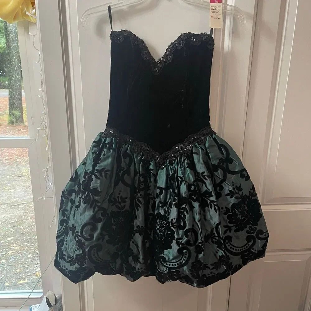 Jessica McClintock Gunne Sax Vintage 80s Black Green Strapless Dress Size 5/6